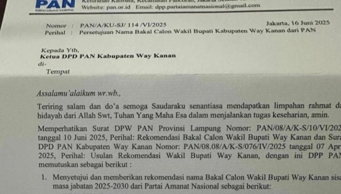 Resmen Kadapi dan Galang Rahman Diusulkan PAN Jadi Cawabup Waykanan